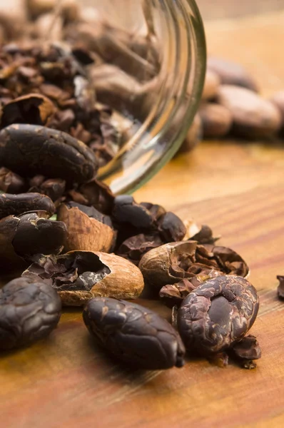 stock image Cocoa (cacao) beans on natural wooden table