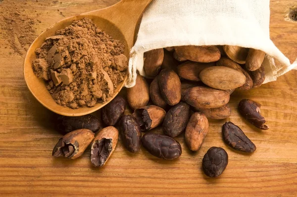 Ziarno kakaowca (kakao) na naturalnym drewnianym stole — Zdjęcie stockowe