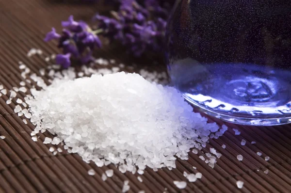 Lavender flowers and the bath salt and essential oil — Stock Photo, Image