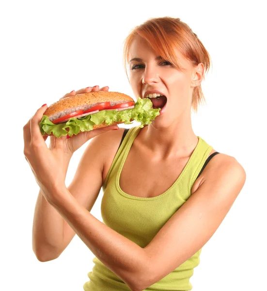 Kız yemek sandviç — Stok fotoğraf