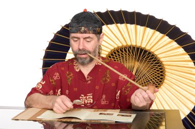 European in chinese costume smokes pipe clipart