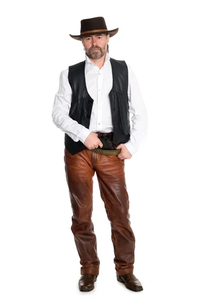Człowiek w skórzane spodnie z pistoletu — Zdjęcie stockowe