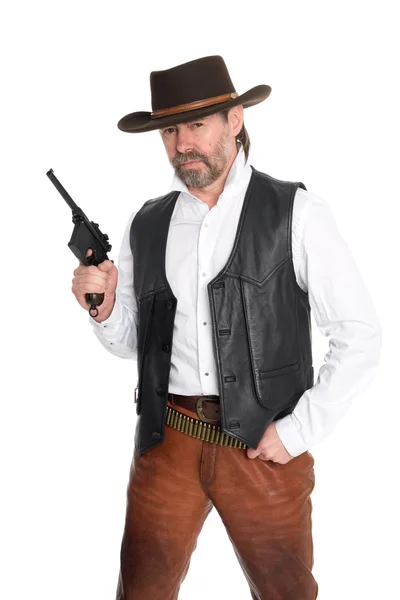 Homme en chapeau de cow-boy avec pistolet — Photo