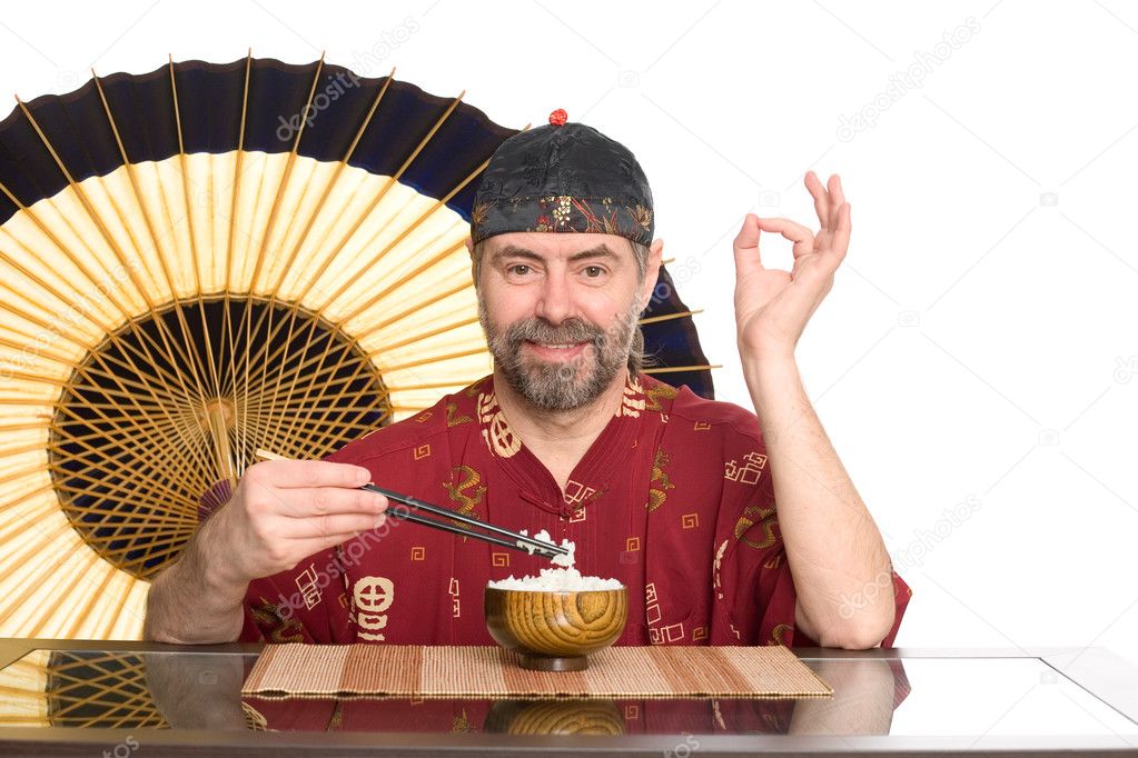 European in chinese attire eating rice