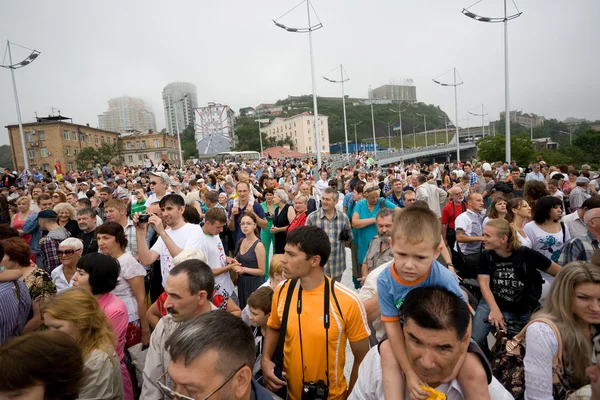 stock image celebrating the opening of bridge in Vladivostok, Russia.