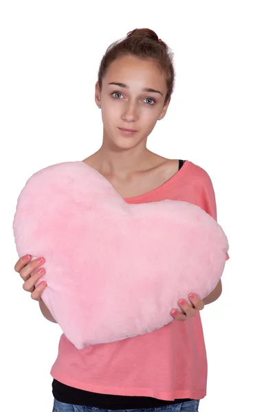Dospívající dívka s Valentýna růžové srdce — Stock fotografie