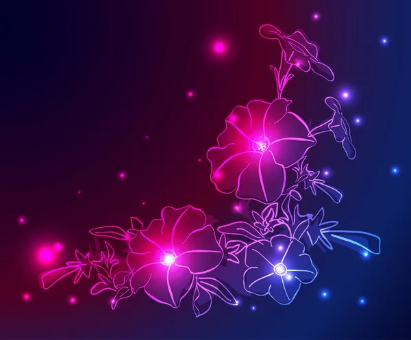 用鲜花和星星矢量霓虹灯背景 — 图库矢量图片