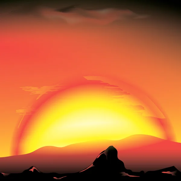 Pôr-do-sol vermelho com silhueta de montanhas - ilustração vetorial — Vetor de Stock