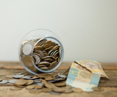 Ukrainian coins and hryvnas shows poverty clipart