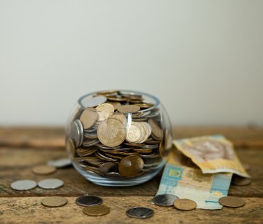 Ukrainian coins and hryvnas shows poverty clipart