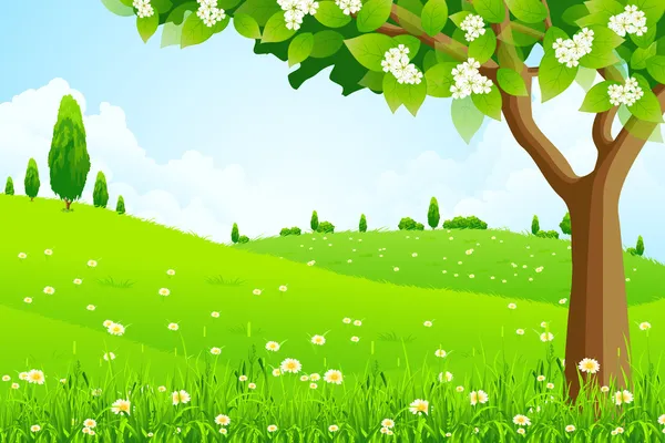Зеленый пейзаж с деревом — стоковый вектор