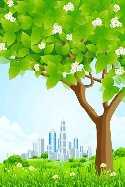 Green Background with Tree and Modern City — Stock Vector