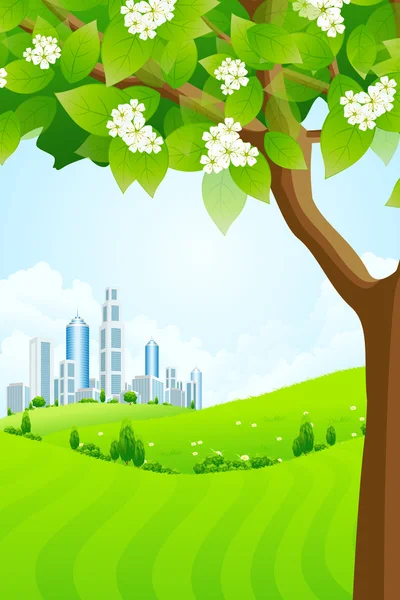 Groene achtergrond met boom en moderne stad — Stockvector