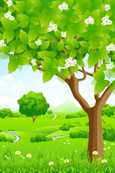 Zöld háttérrel, fák és hegyek — Stock Vector