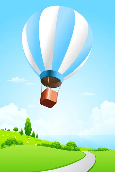Groen landschap met hete luchtballon — Stockvector
