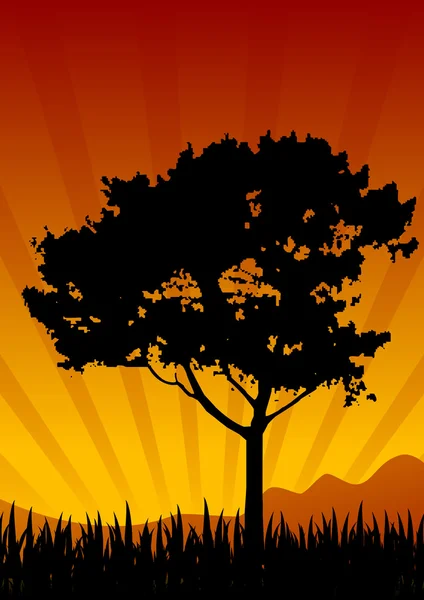 Increíble paisaje natural del atardecer con silueta de árbol, vector il — Vector de stock