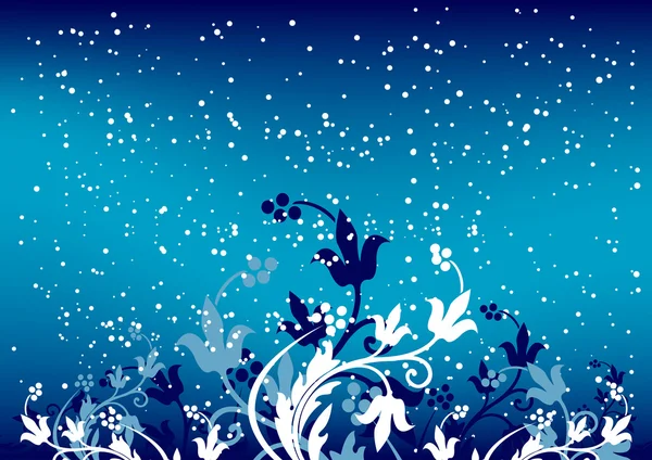 Αφηρημένη winterbackground με νιφάδες και λουλούδια σε μπλε χρώμα — Διανυσματικό Αρχείο