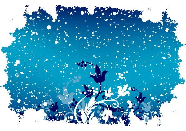 Abstrait fond d'hiver grunge avec des flocons et des fleurs en blu — Image vectorielle