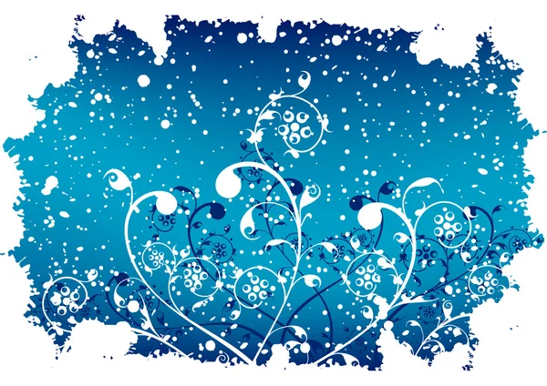 Abstract grunge winter background with flakes and flowers in blu — Stock Vector