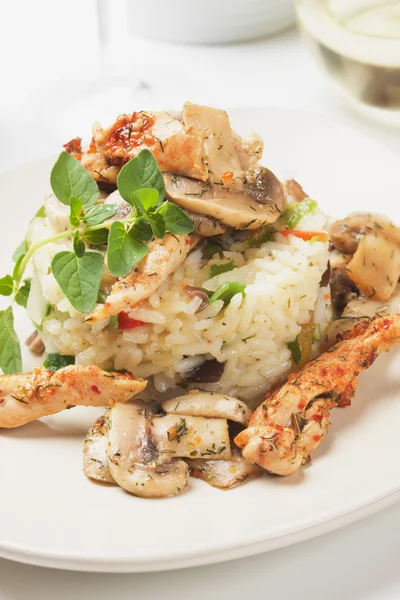 Paddestoelen en kip met plantaardige risotto — Stockfoto