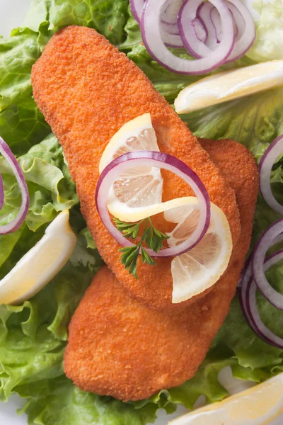 Breaded fish steaks with lemon and lettuce — Stock Photo, Image