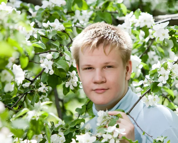 Молодой человек, подросток, стоящий рядом с цветущей яблоней — стоковое фото