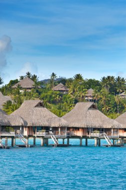 Typical Polynesian landscape - seacoast with palm trees and small houses on water. clipart