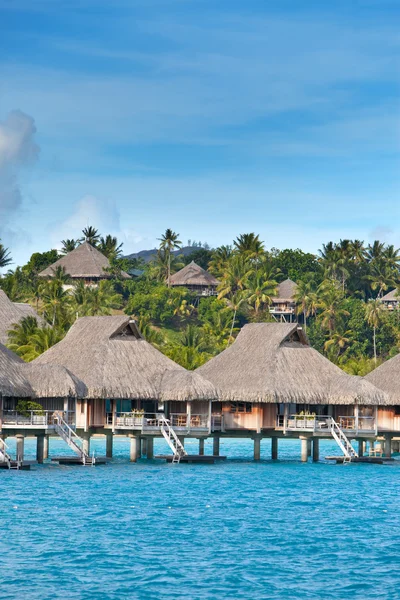 Tipik Polinezya manzarası - Palmiye ağaçları ve su üzerinde küçük evleri olan deniz manzarası. — Stok fotoğraf