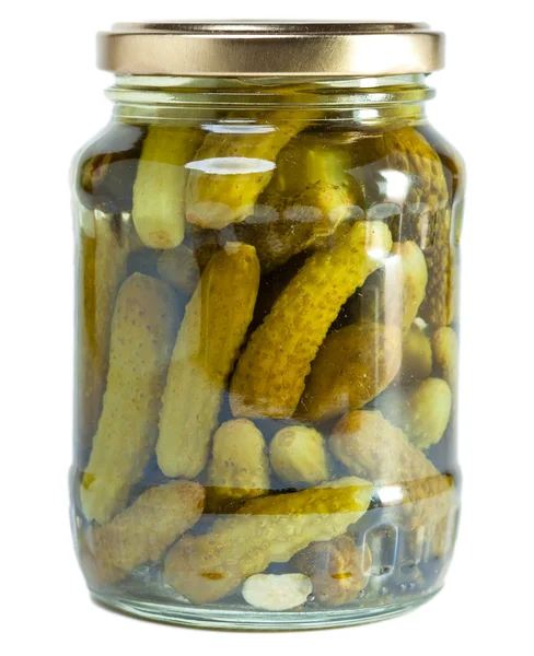 Glass jar with tinned cucumbers — Stock Photo, Image