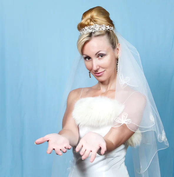 The happy bride on a blue background Stock Picture