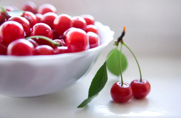 Cherries in white bowl — Stock Photo, Image