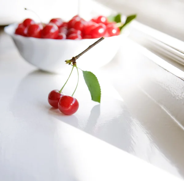 Twig with two cherries — Stock Photo, Image