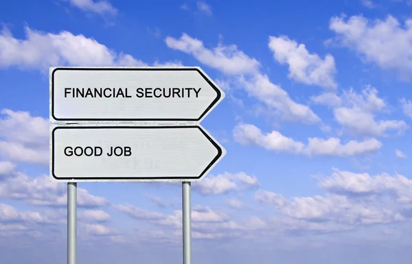 Οδική πινακίδα για την καλή δουλειά και την οικονομική ασφάλεια — Φωτογραφία Αρχείου