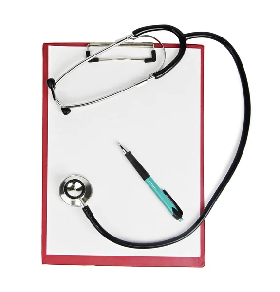 Stetoskop, schowek, pióro — Zdjęcie stockowe