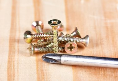 Screwdriver lying infront of a heap of screws clipart