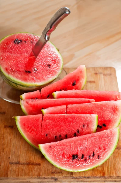 stock image Fresh watermelon on a wood table