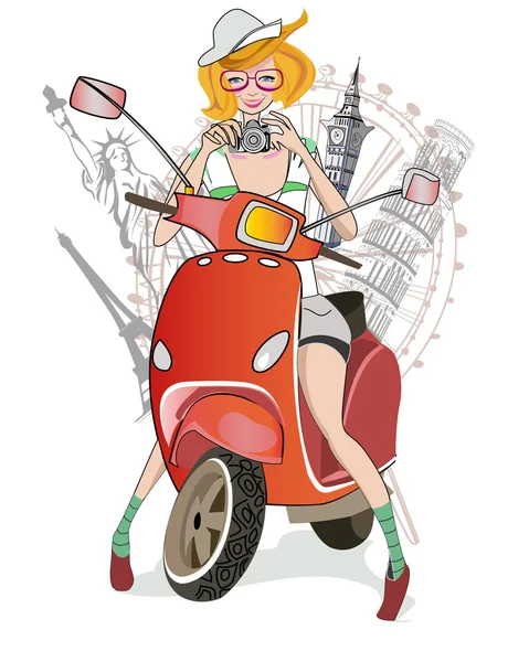 Bir scooter üzerinde seyahat yerler için kız — Stok Vektör
