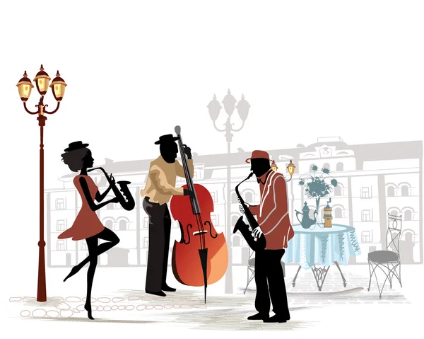 Músicos callejeros con saxofón y contrabajo en el fondo de un café callejero — Archivo Imágenes Vectoriales
