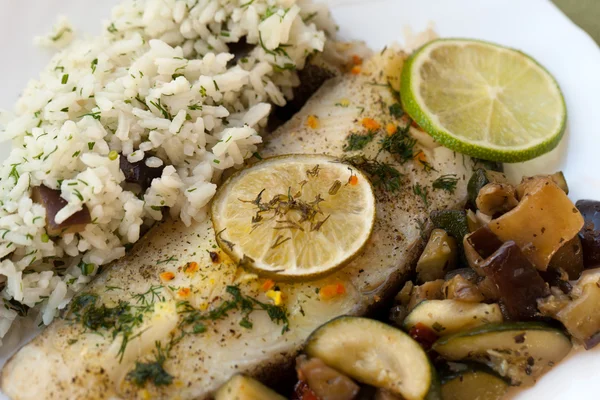 Fish with rice and eggplant — Stock Photo, Image