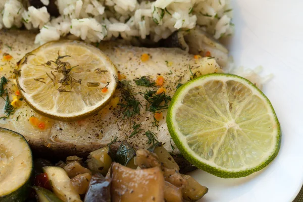 stock image Fish with rice and eggplant