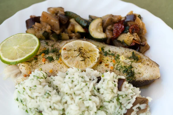 Fish with rice and eggplant — Stock Photo, Image