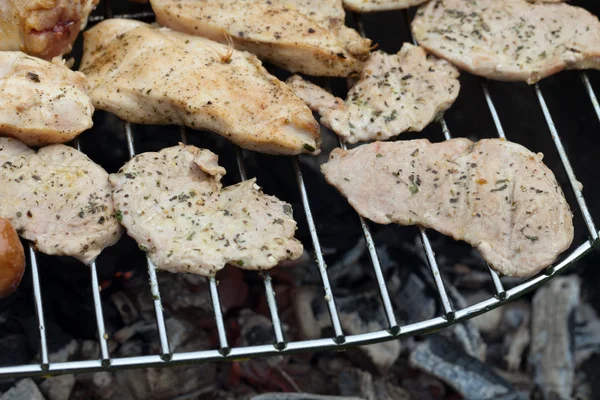 Barbecue met heerlijk gegrild vlees op grill — Stockfoto