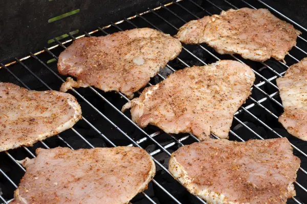 Grill z pysznym grillowanym mięsem na grillu — Zdjęcie stockowe
