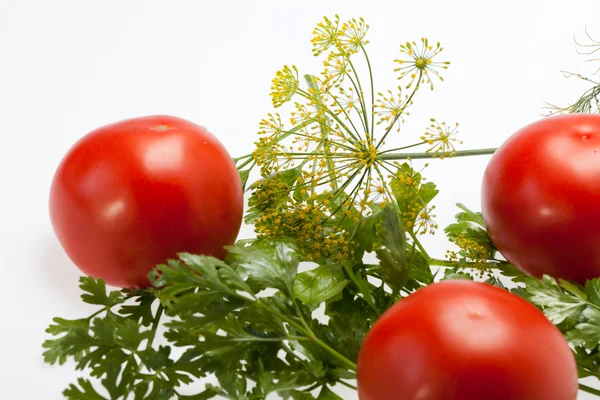 Leaves parsley, tomatoes and dill — Stock Photo, Image