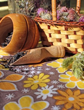 Dry thistle in a basket and herbs clipart