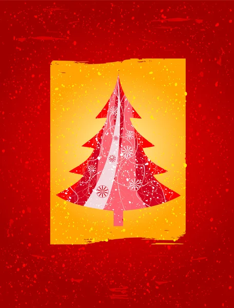 Egy sárga doboz, piros háttér és sok hópehely piros karácsonyfa — Stock Vector