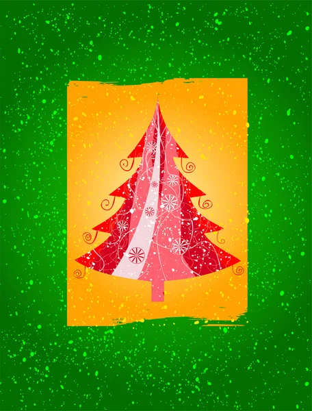 Rode kerstboom met een geel vak, een groene achtergrond en veel voor snowflake — Stockvector