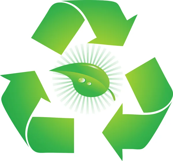 Sinal de reciclagem com uma folha — Vetor de Stock