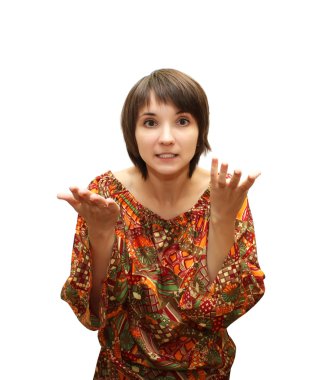 Young businesswoman with both palms facing upwards in gesture of asking. clipart