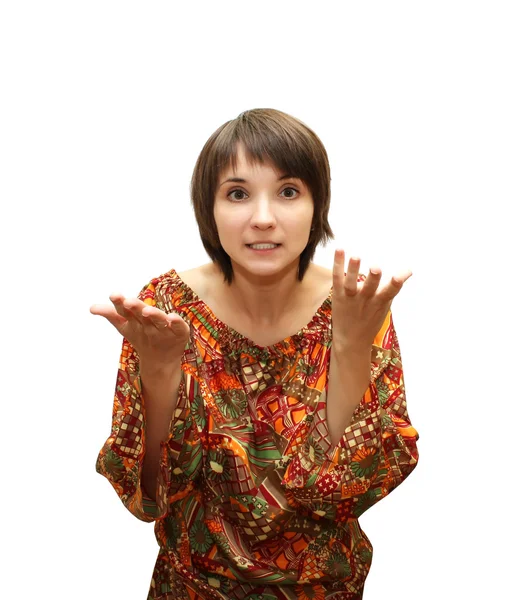 stock image Young businesswoman with both palms facing upwards in gesture of asking.